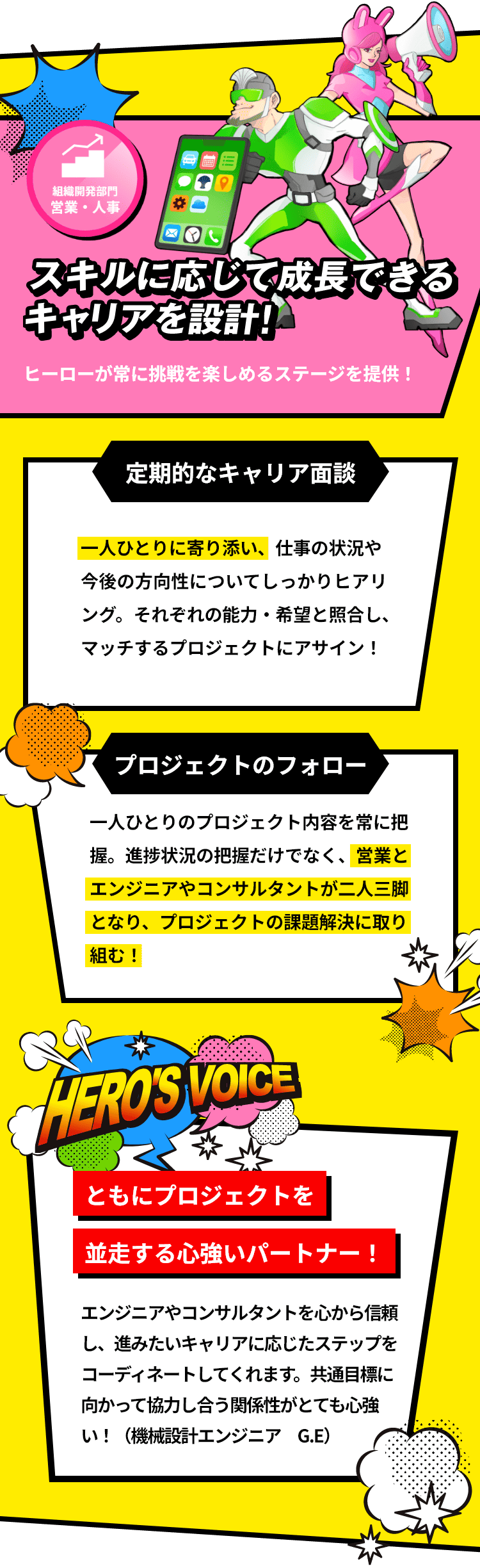 「組織開発部門 営業・人事」スキルに応じて成長できるキャリアを設計！ヒーローが常に挑戦を楽しめるステージを提供！「定期的なキャリア面談：一人ひとりに寄り添い、仕事の状況や今後の方向性についてしっかりヒアリング。それぞれの能力・希望と照合し、マッチするプロジェクトにアサイン！」「プロジェクトのフォロー：一人ひとりのプロジェクト内容を常に把握。進捗状況の把握だけでなく、営業とエンジニアやコンサルタントが二人三脚となり、プロジェクトの課題解決に取り組む！」「ともにプロジェクトを並走する心強いパートナー！：エンジニアやコンサルタントを心から信頼し、進みたいキャリアに応じたステップをコーディネートしてくれます。共通目標に向かって協力し合う関係性がとても心強い！（機械設計エンジニア G.E）」