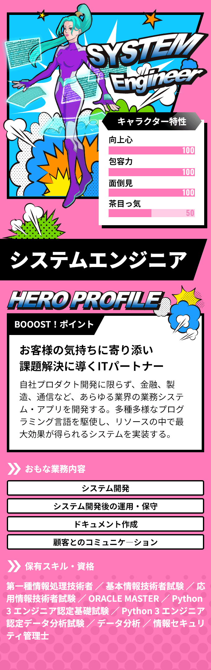 「システムエンジニア」　BOOOST！ポイント：お客様の気持ちに寄り添い課題解決に導くITパートナー！自社プロダクト開発に限らず、金融、製造、通信など、あらゆる業界の業務システム・アプリを開発する。多種多様なプログラミング言語を駆使し、リソースの中で最大効果が得られるシステムを実装する。　おもな業務内容：「システム開発」「システム開発後の運用・保守」など　保有スキル・資格：第一種情報処理技術者 ／ 基本情報技術者試験 ／ 応用情報技術者試験 ／ ORACLE MASTER ／ Python 3 エンジニア認定基礎試験 ／ Python 3 エンジニア認定データ分析試験 ／ データ分析 ／ 情報セキュリティ管理士