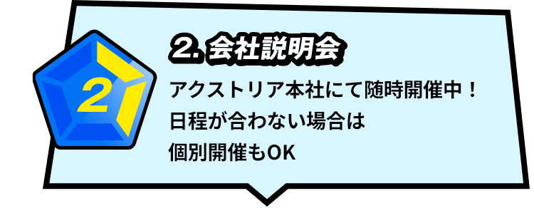 2.会社説明会 アクストリア本社にて随時開催中！日程が合わない場合は個別開催もOK