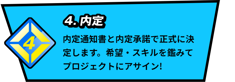 4.内定 内定通知書と内定承諾で正式に決定します。希望・スキルを鑑みてプロジェクトにアサイン！